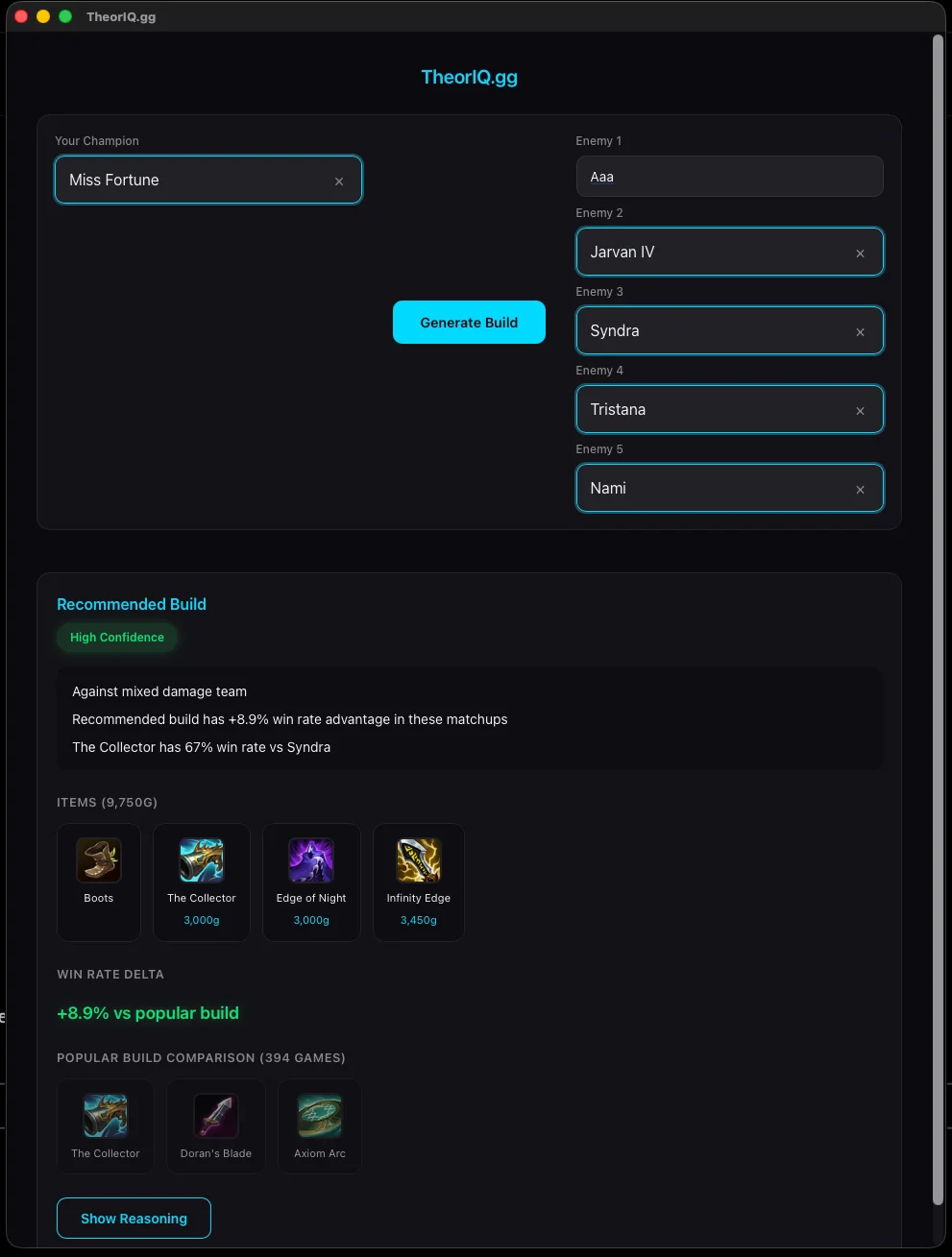TheorIQ main interface showing champion selection and build recommendations